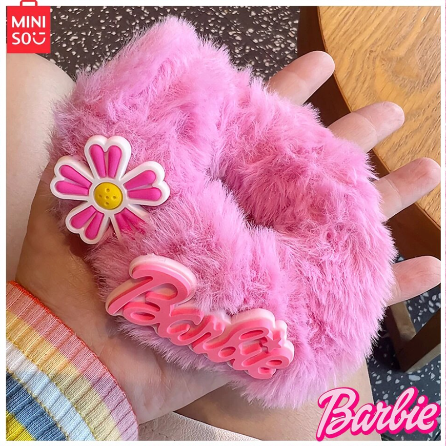 Miniso Barbie 4-pcs Plush Rose Pink Cute Little Bear Hair Ring Korean Sweet Spicy Y2K Girls Thickened Hair Rope Headwear