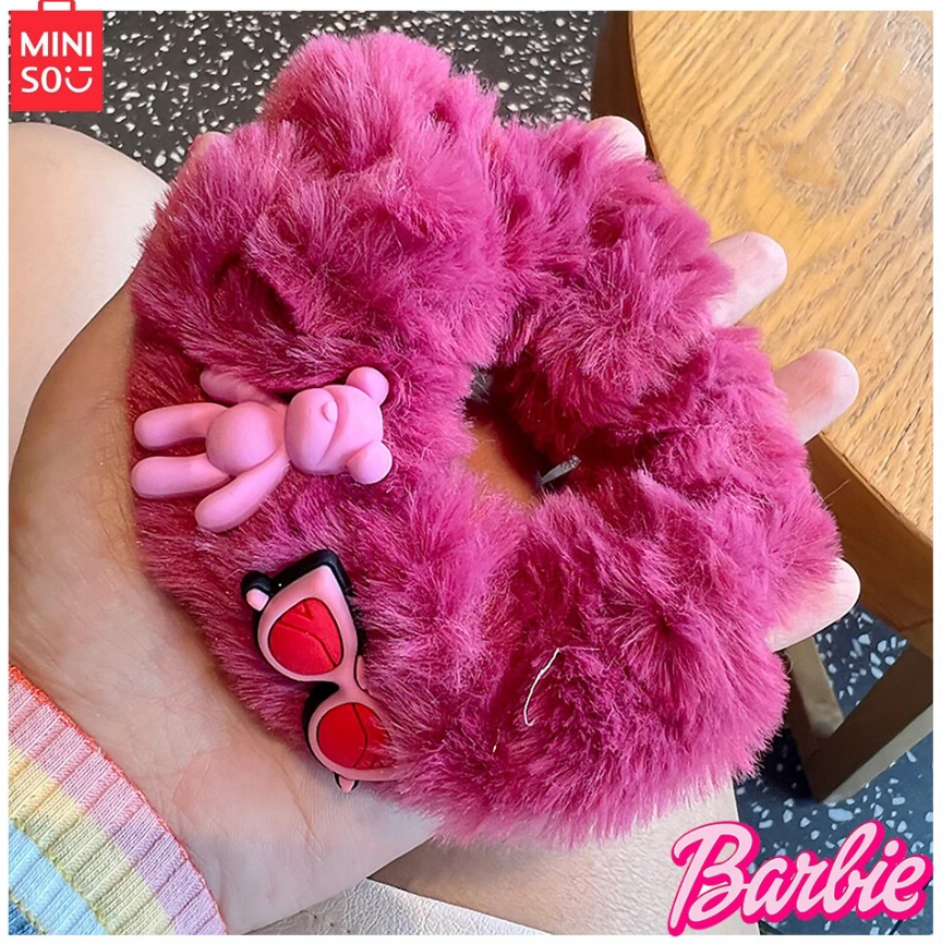 Miniso Barbie 4-pcs Plush Rose Pink Cute Little Bear Hair Ring Korean Sweet Spicy Y2K Girls Thickened Hair Rope Headwear