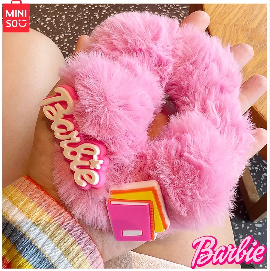 Miniso Barbie 4-pcs Plush Rose Pink Cute Little Bear Hair Ring Korean Sweet Spicy Y2K Girls Thickened Hair Rope Headwear
