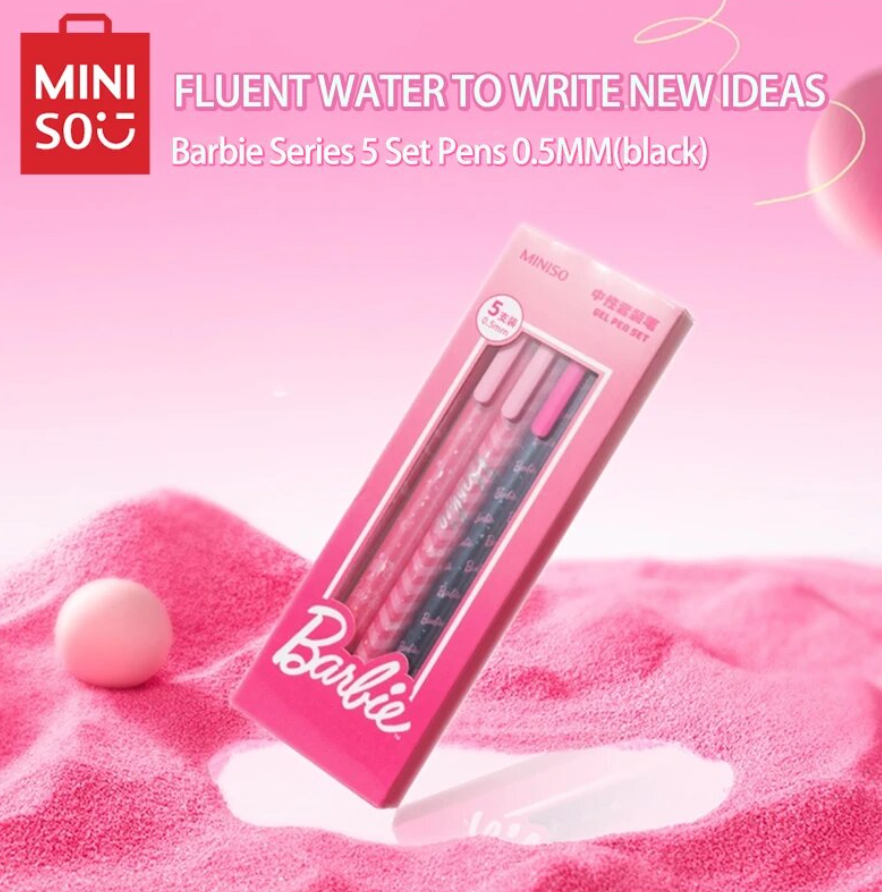 MINISO Barbie Series Black Gel Pen Set 5pcs 0.5mm Kawaii Animation Peripheral Students Learning Office Supplies Birthday Gift