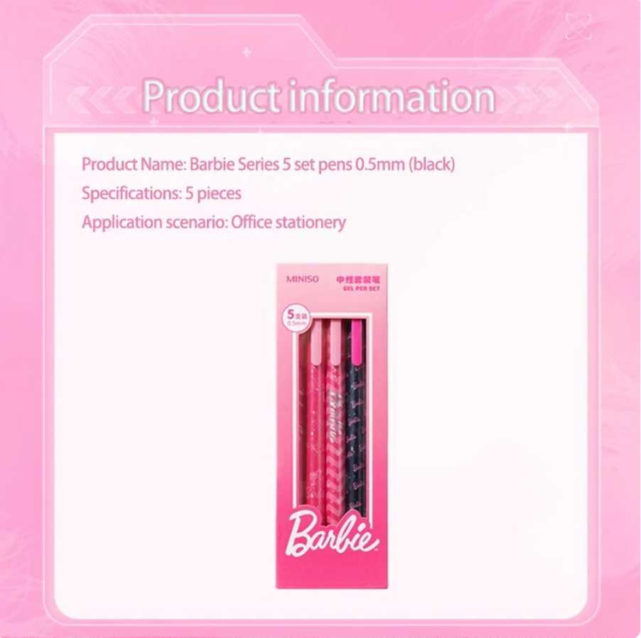 MINISO Barbie Series Black Gel Pen Set 5pcs 0.5mm Kawaii Animation Peripheral Students Learning Office Supplies Birthday Gift