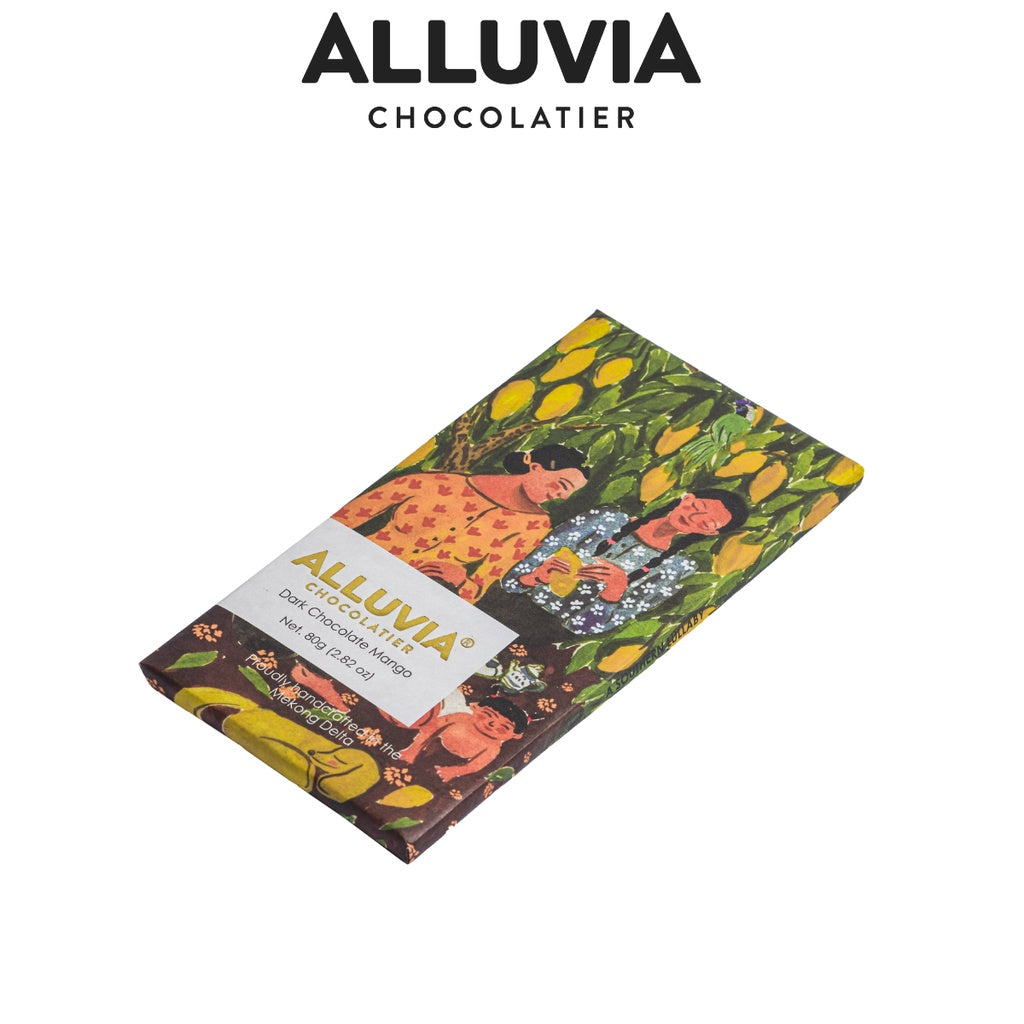 Pure dark chocolate Alluvia cocoa 70% filled with bitter, slightly sweet Mango, Alluvia Dark chocolate Mango