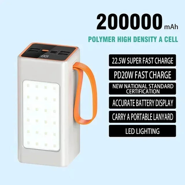 Power Bank 200000mAh High Capacity 66W Fast Charger Waterproof Rechargeable Battery For Mobile Phone Computer Camping LED Light