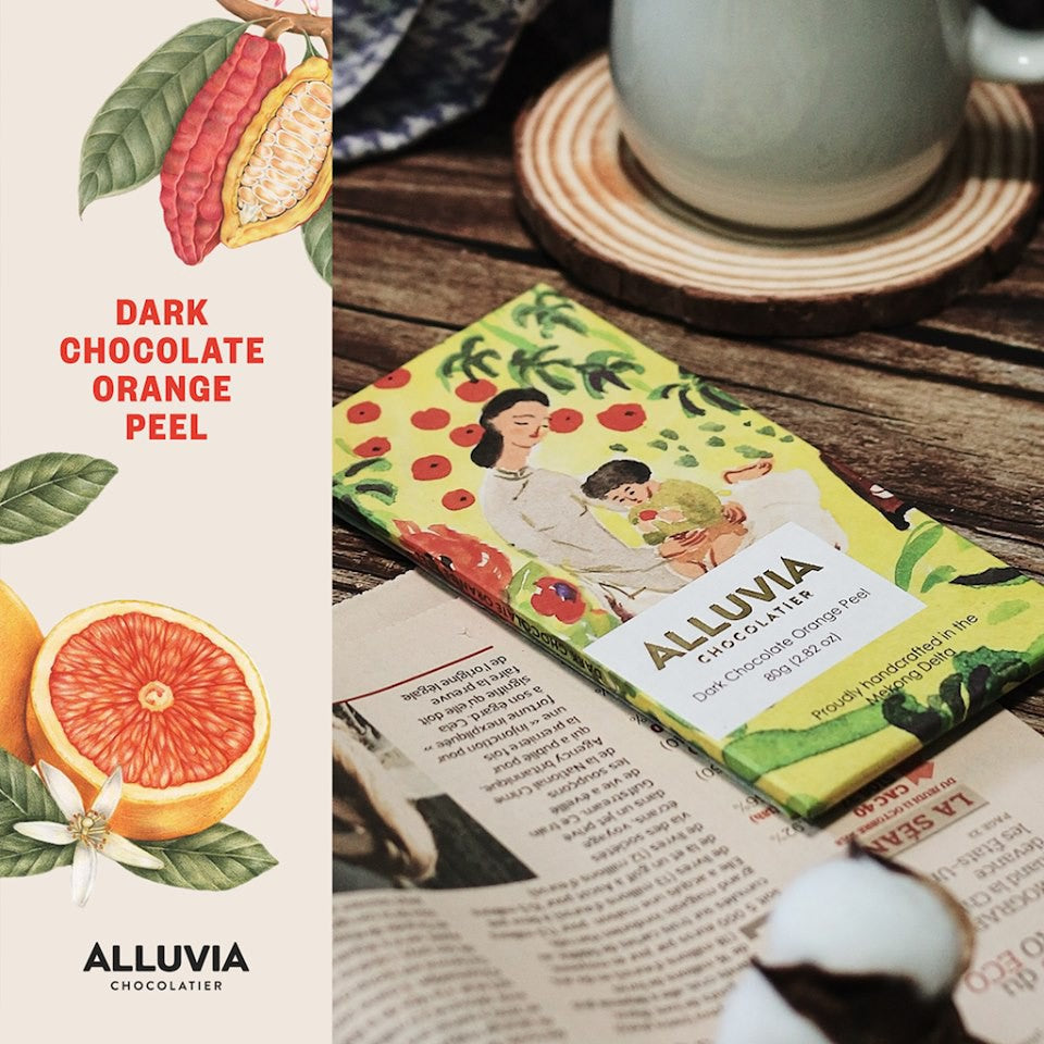 Pure dark chocolate Alluvia cocoa 70% filled with bitter orange peel and slightly sweet Alluvia, Alluvia Dark chocolate Orange Peel
