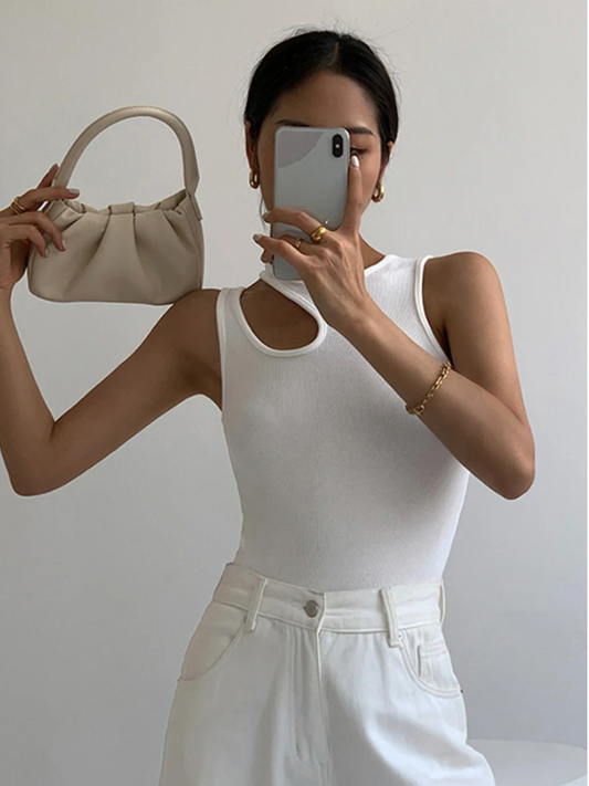 Women's white sleeveless t-shirt, Korean slim top with round neck, women's fashion 2023