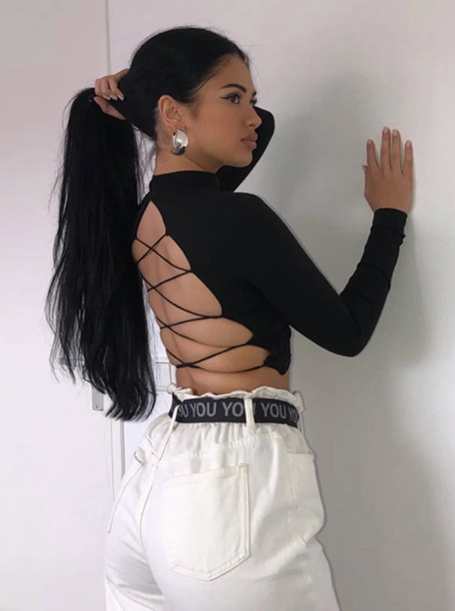 Women's-Openwork Cotton T-shirt,Sexy,Bandage,Halter,Long Sleeve,Harajuku,Slim,Tight,Streetwear,Knit