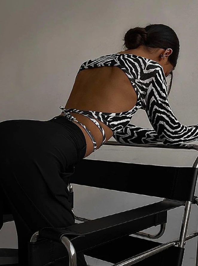 Women's Sexy Backless Lace Long Sleeve T-shirt for Women, Slim Black Autumn Outfit