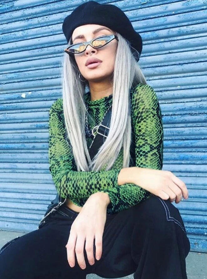 Women's Casual Green Snake Print T-shirt Women Mesh Top Long Sleeve Transparent Snakeskin Female T-shirt High Neck Crop Tops