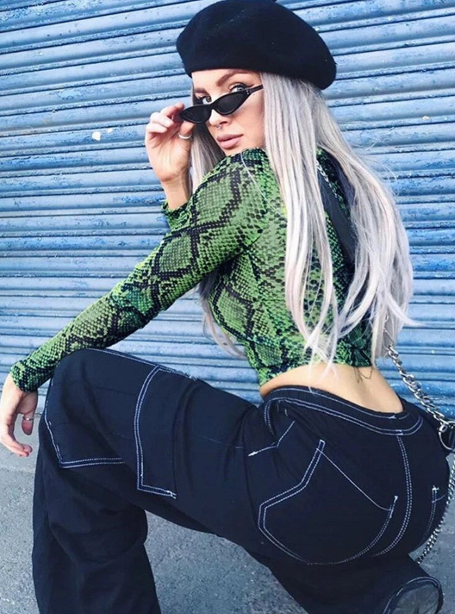 Women's Casual Green Snake Print T-shirt Women Mesh Top Long Sleeve Transparent Snakeskin Female T-shirt High Neck Crop Tops