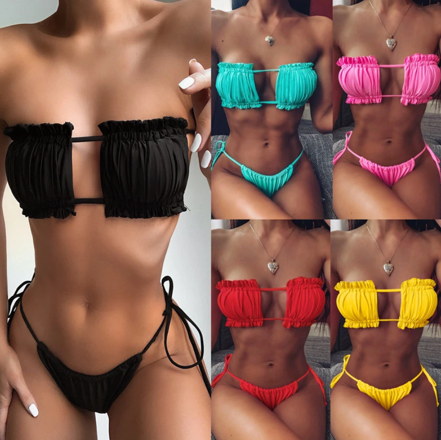 Women's Ruffled Push Up Bikini,Solid Strapless Sportswear,Padded,2023