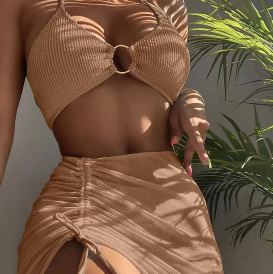 Women's Sexy 3 Piece Swimsuit for European and American Women, Split Bikini Set, Solid Color, Sexy