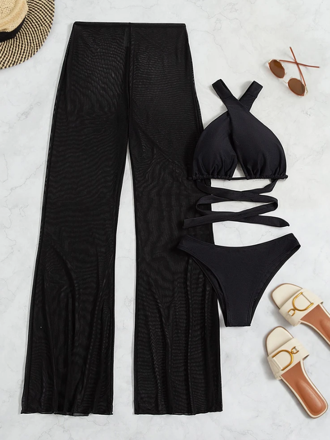 Women's Halter Neck Bikini Set, Sexy Thong Swimsuit, Long Pants, Beachwear, Black, New Summer Collection 2023