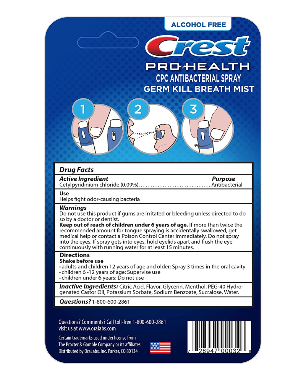 Crest Pro-Health | Portable Alcohol-Free CPC Antibacterial Mist with Clean Mint Flavor | Fights Odor-Causing Bacteria for Instant Fresh Breath - 1 Count (0.44oz) Breath Spray