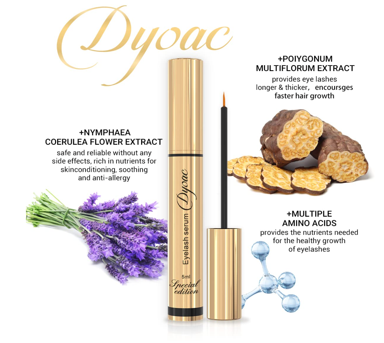 Premium Eyelash Growth Serum - 5ml Fuller & Longer Looking Eyelashes Lash Enhancing Serum for Natural Lashes or Lash Extensions & Brows, Vegan & Cruelty-Free gold