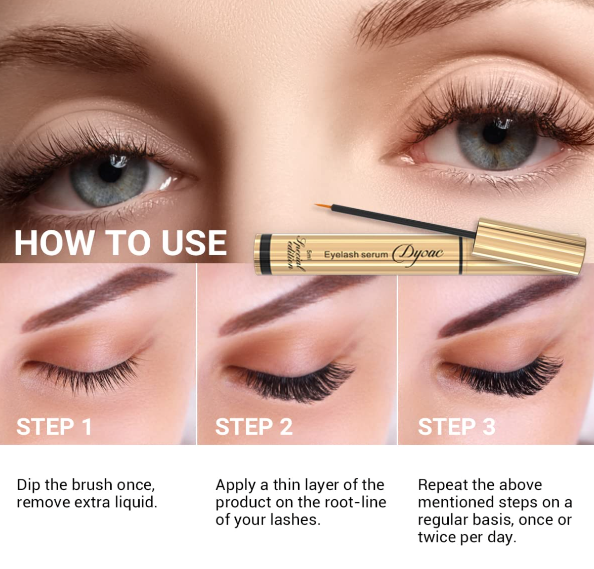 Premium Eyelash Growth Serum - 5ml Fuller & Longer Looking Eyelashes Lash Enhancing Serum for Natural Lashes or Lash Extensions & Brows, Vegan & Cruelty-Free gold