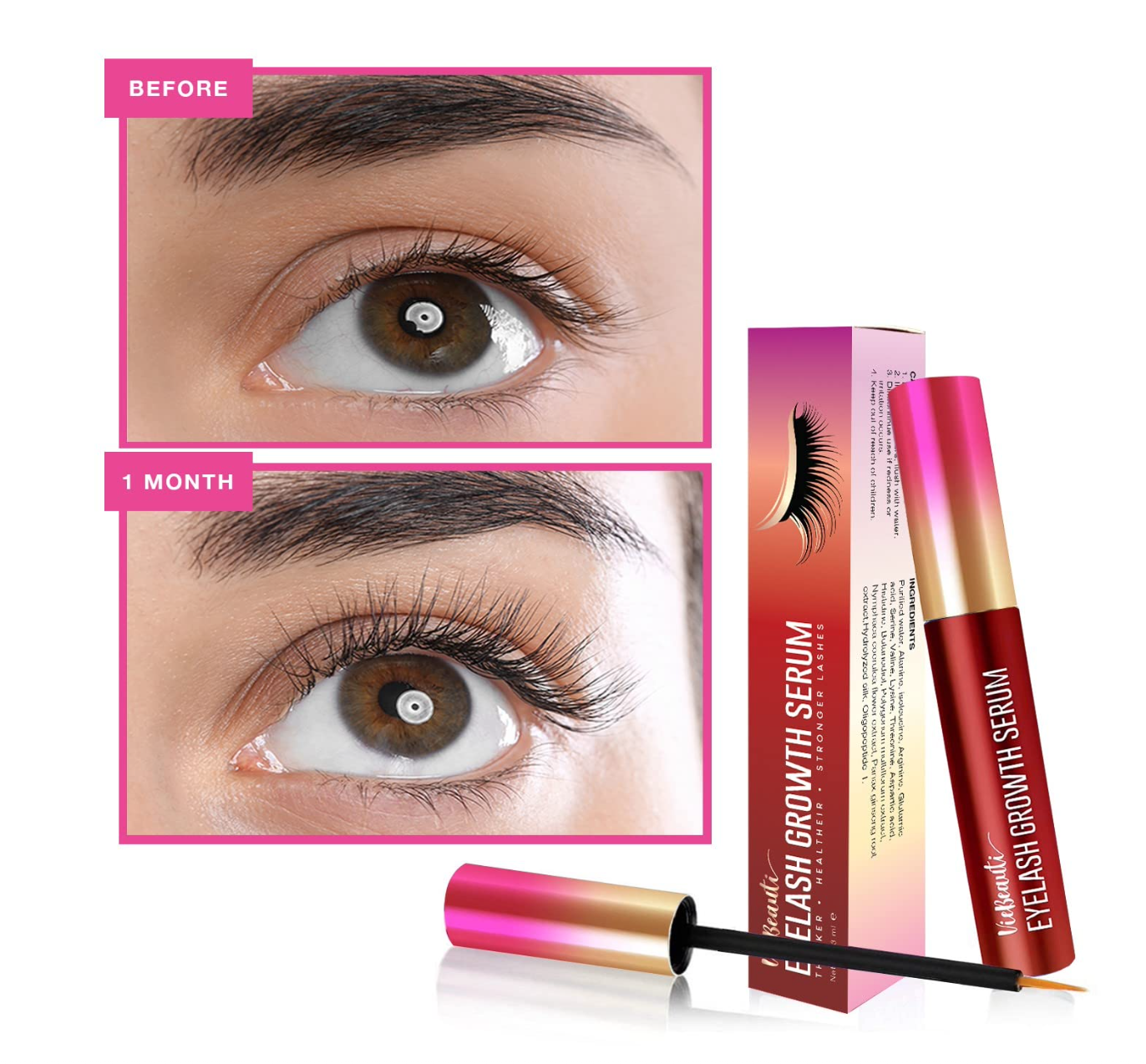 Siero per la crescita delle ciglia e potenziatore per sopracciglia di alta qualità di VieBeauti, siero per ciglia più lunghe, più folte e più folte (3 ml) rosso