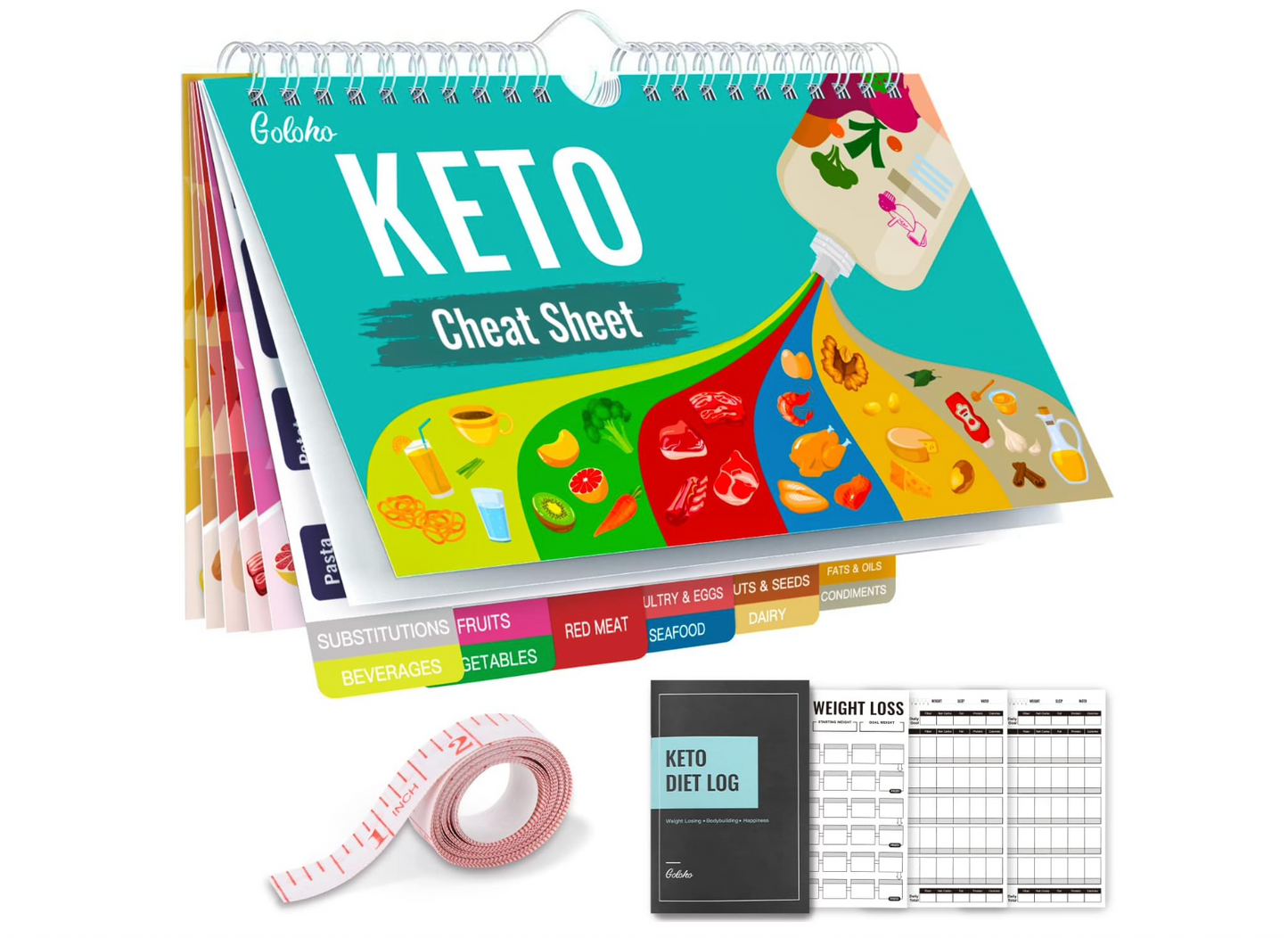 Keto Diet Cheat Sheet Magnets Kit, Magnetic Quick Reference Keto Food List Guide Charts 239 Foods and Swap for Beginners with Keto Tracker Log Macro Carbs Counter Journal Planner, Body Measuring Tape