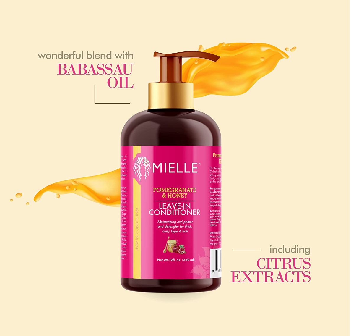 Mielle Organics Pomegranate & Honey Leave-In Conditioner, Moisturizing Curl Primer and Detangler, Repair Damage and Prevent Frizz, Treatment For Thick Curly Hair Type 4 Hair, 12-Fluid Ounces