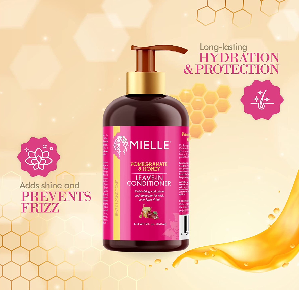 Mielle Organics Pomegranate & Honey Leave-In Conditioner, Moisturizing Curl Primer and Detangler, Repair Damage and Prevent Frizz, Treatment For Thick Curly Hair Type 4 Hair, 12-Fluid Ounces
