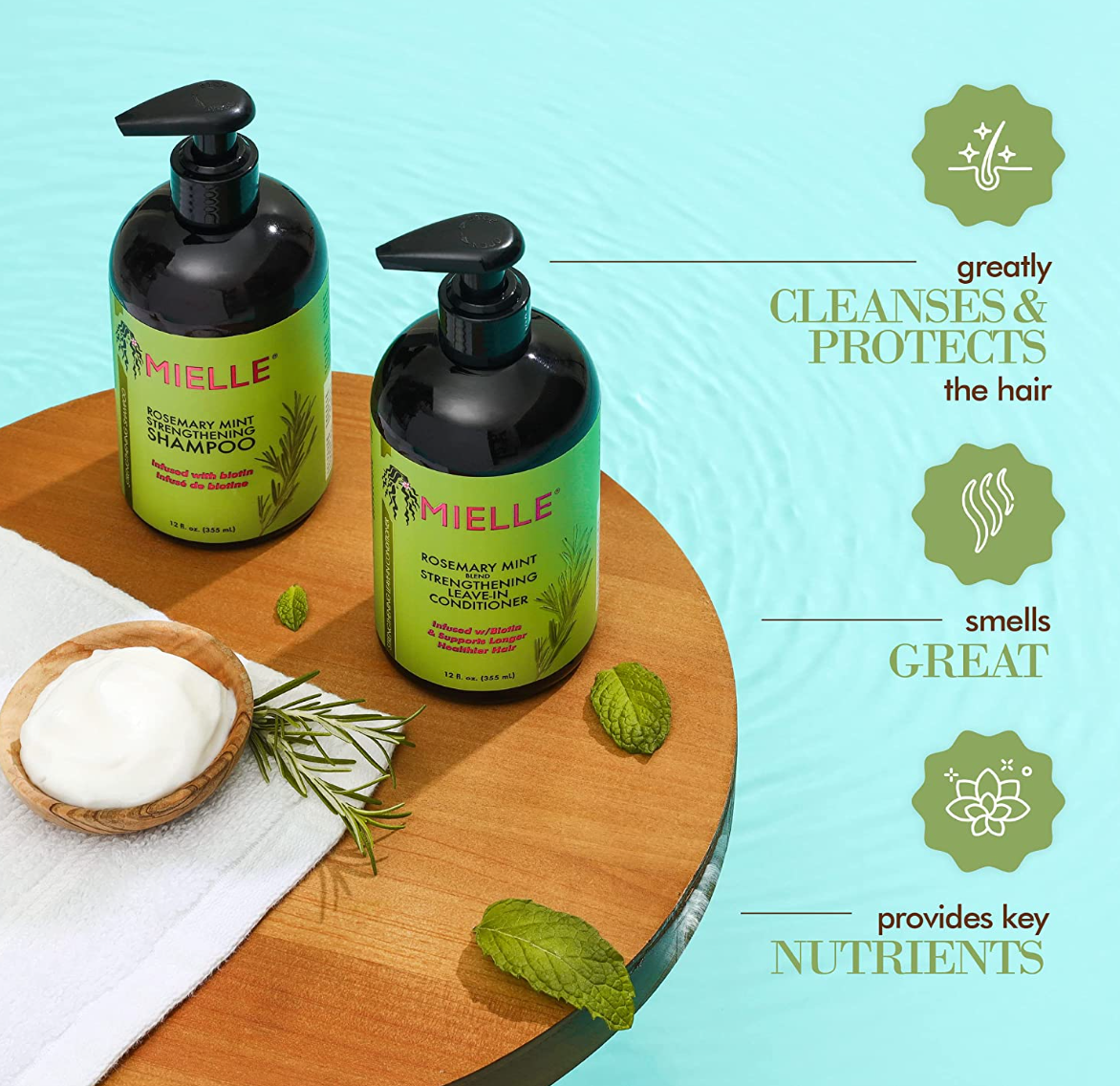 Mielle Organics Rosemary Mint Strengthening Shampoo Infused with Biotin, Cleanses and Helps Strengthen Weak and Brittle Hair, 12 Ounces