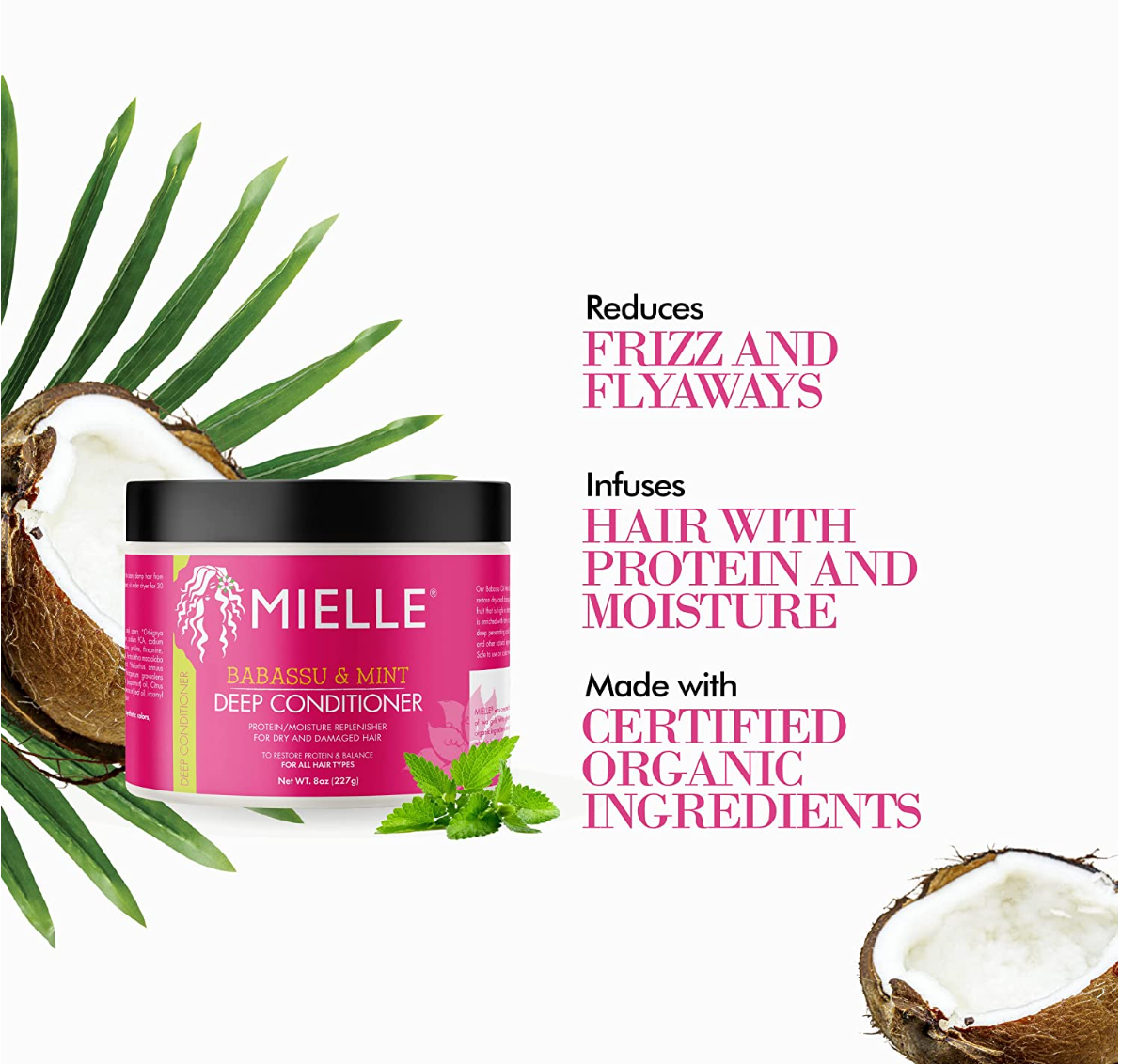 Mielle Organics Babassu & Mint Deep Conditioner with Protein, Moisturizing & Conditioning Deep Treatment, Hydrating Repair for Dry, Damaged, & Frizzy Hair, 8-Ounces
