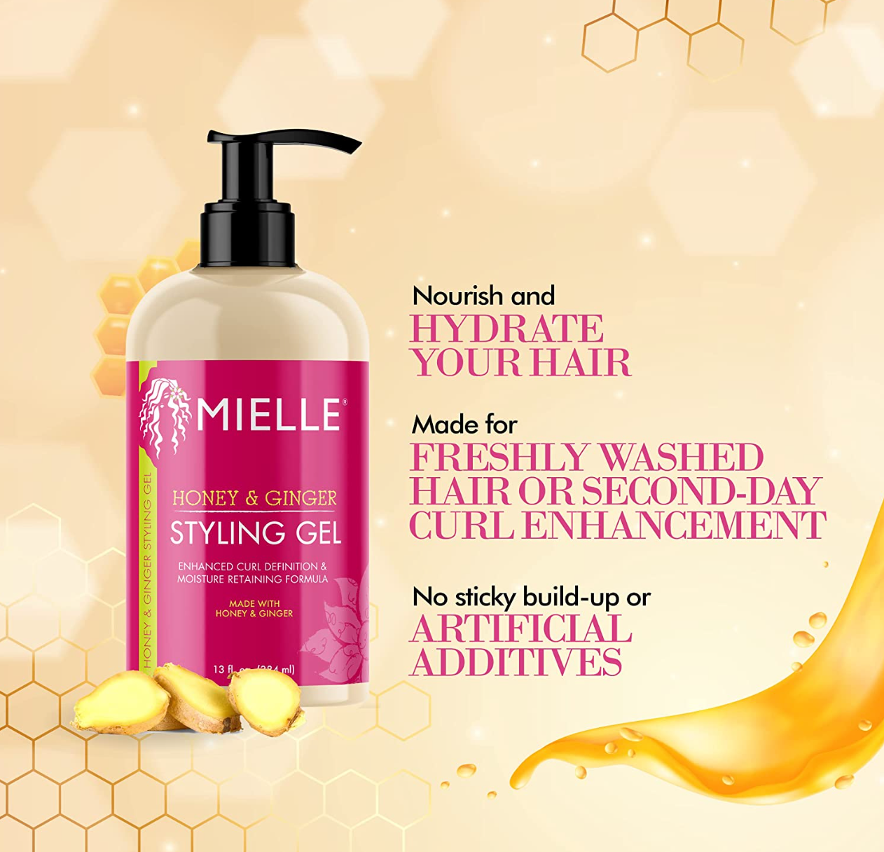 Mielle Organics Honey & Ginger Styling Gel for Enhanced Curl Definition and Moisture Retaining with Aloe for Dry, Curly, Thick, and Frizzy Hair, Non-Sticky, 13 Ounces