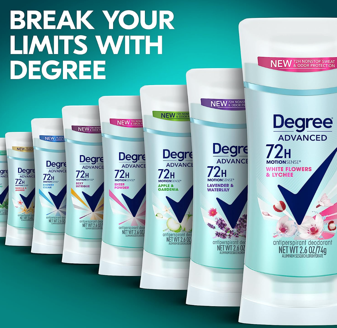 Degree Advanced Antiperspirant Deodorant 72-Hour Sweat & Odor Protection White Flowers & Lychee Antiperspirant for Women with MotionSense Technology 2.6 oz