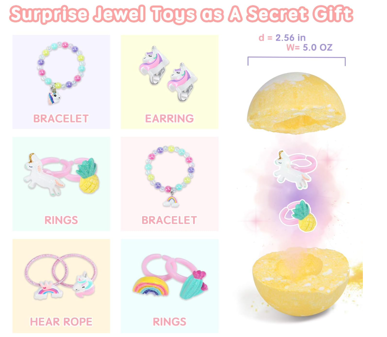 2023 Unicorn Bath Bombs for Kids with Surprise Inside, XXL 5.0 OZ, 6 Pack Handmade Organic Bath Bombs with Jewelry Inside, Girls Gift for Valentine, Birthday, Christmas