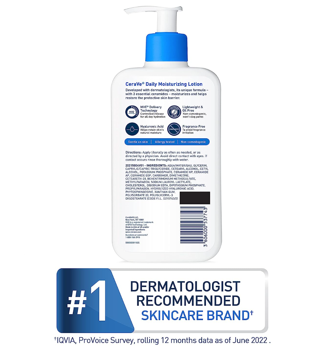 CeraVe Daily Moisturizing Lotion for Dry Skin | Body Lotion & Facial Moisturizer with Hyaluronic Acid and Ceramides | 12 Fl Ounce