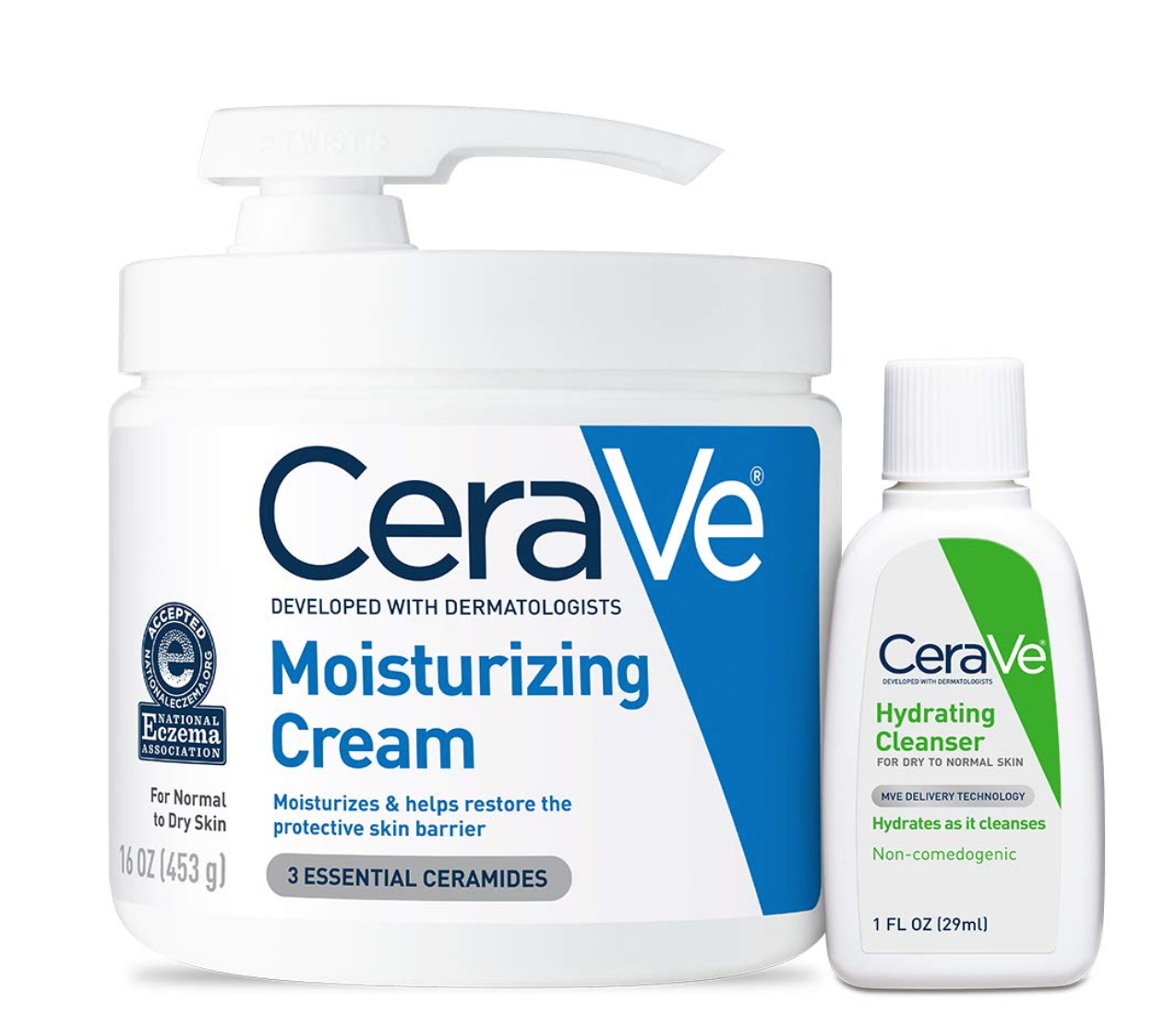 CeraVe Moisturizing Cream Combo Pack | Contains 16 Ounce with Pump and 1 Ounce Hydrating Facial Cleanser Trial/Sample Size