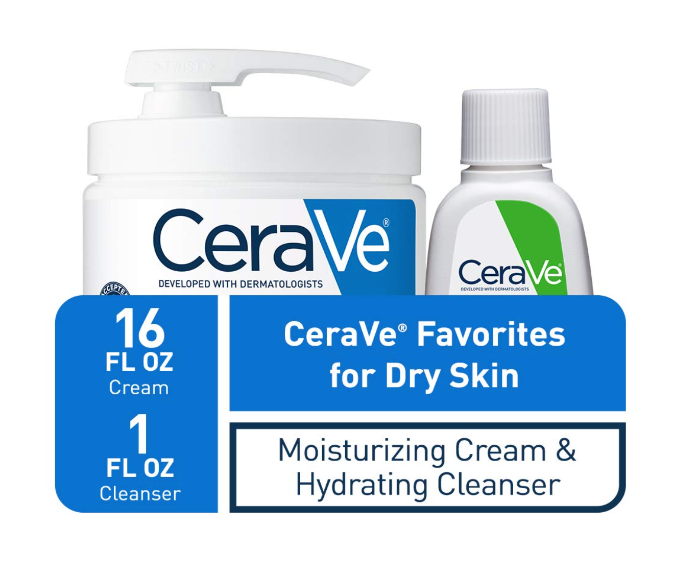 CeraVe Moisturizing Cream Combo Pack | Contains 16 Ounce with Pump and 1 Ounce Hydrating Facial Cleanser Trial/Sample Size