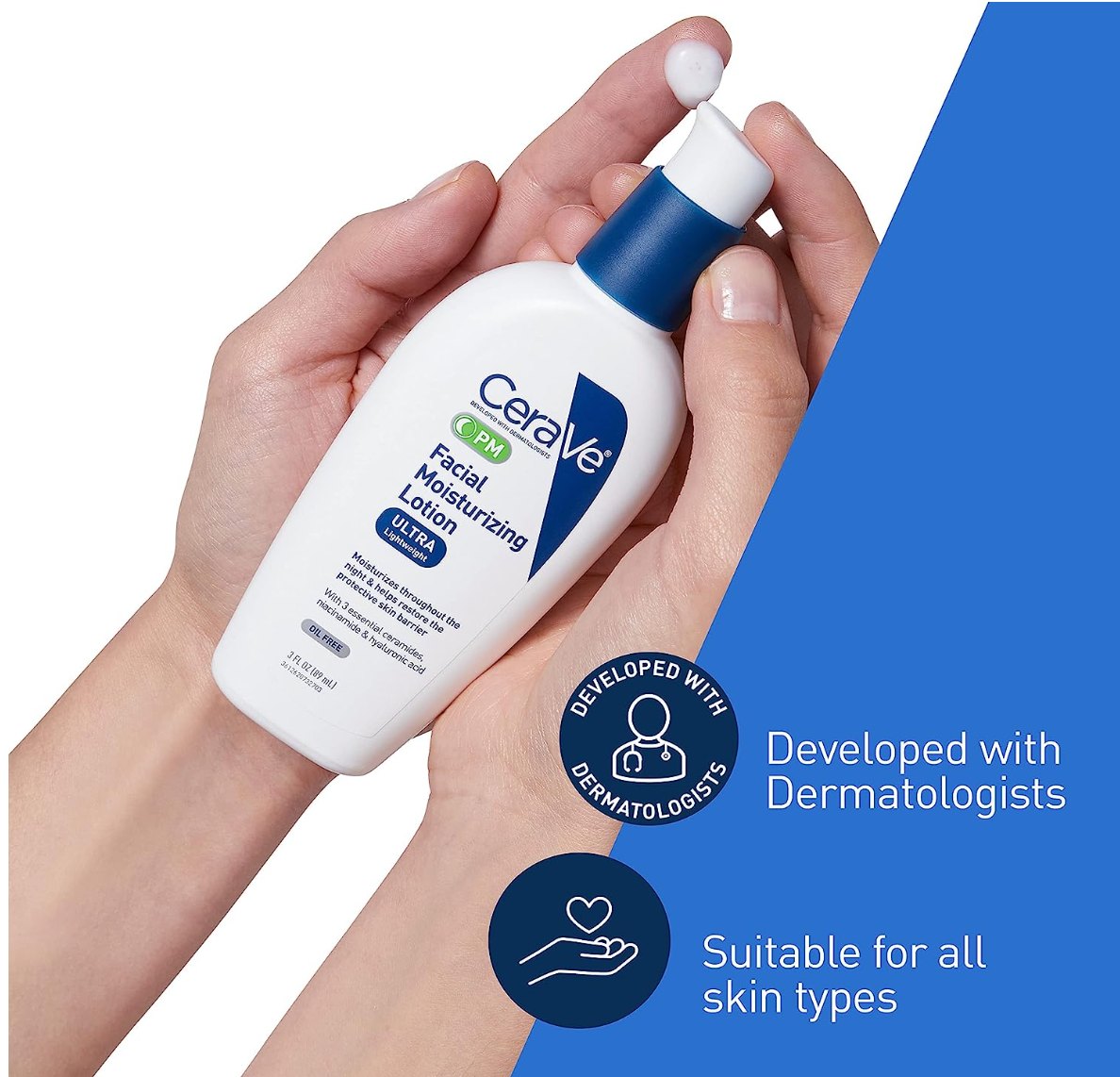 CeraVe PM Facial Moisturizing Lotion | Night Cream with Hyaluronic Acid and Niacinamide | Ultra-Lightweight, Oil-Free Moisturizer for Face | 3 Ounce