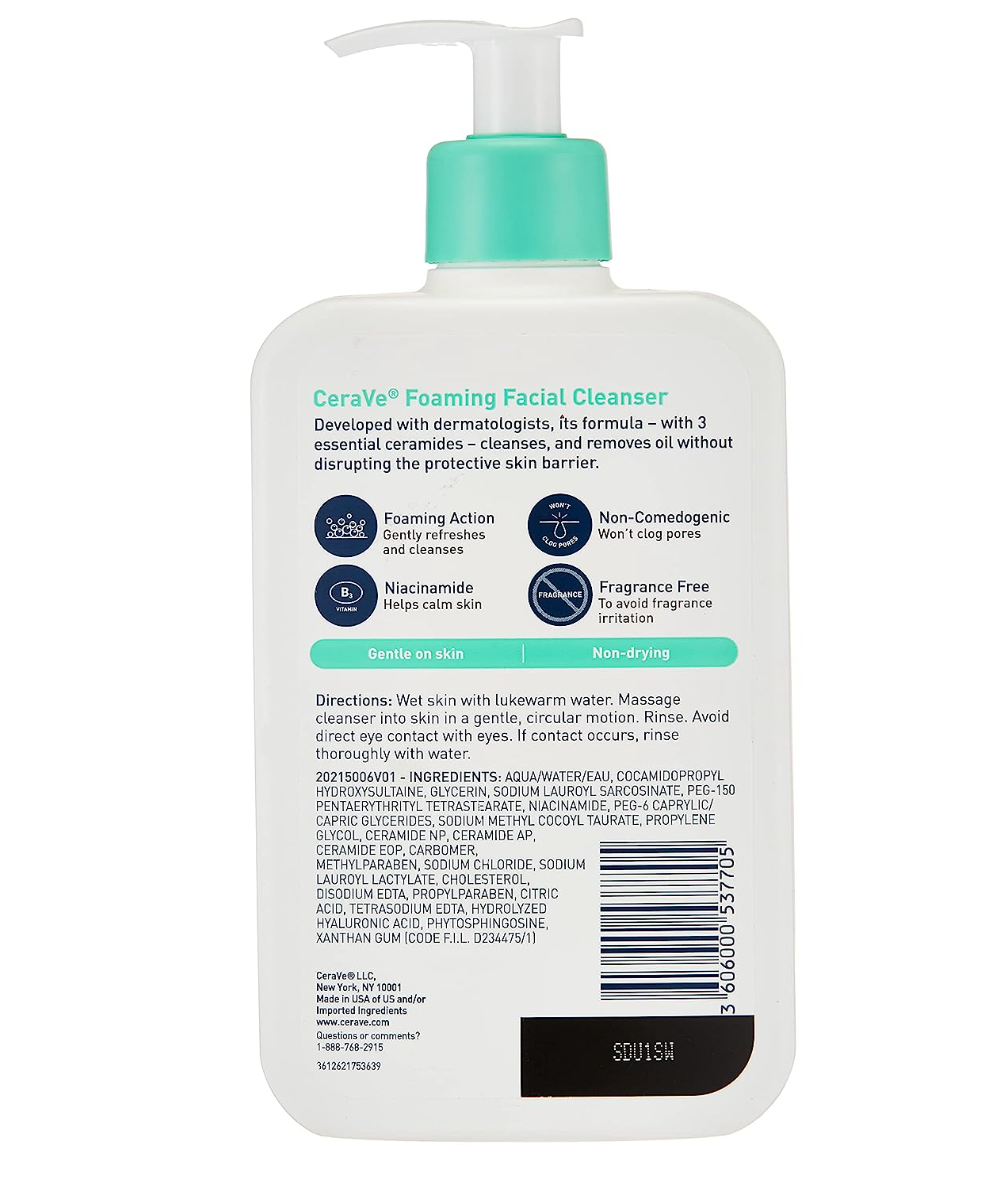 CeraVe Foaming Facial Cleanser | Daily Face Wash for Oily Skin with Hyaluronic Acid, Ceramides, and Niacinamide| Fragrance Free Paraben Free | 16 Fluid Ounce