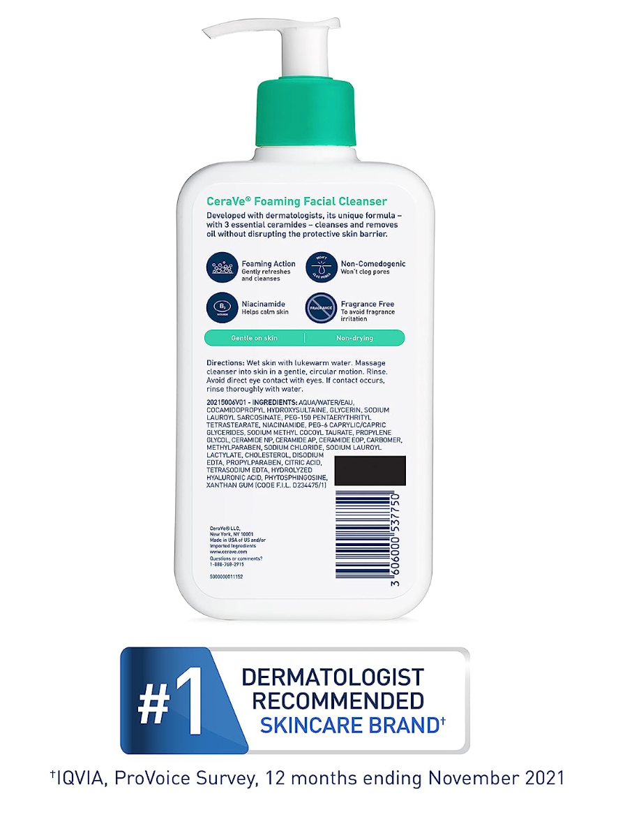 CeraVe Foaming Facial Cleanser | Daily Face Wash for Oily Skin with Hyaluronic Acid, Ceramides, and Niacinamide| Fragrance Free Paraben Free | 16 Fluid Ounce