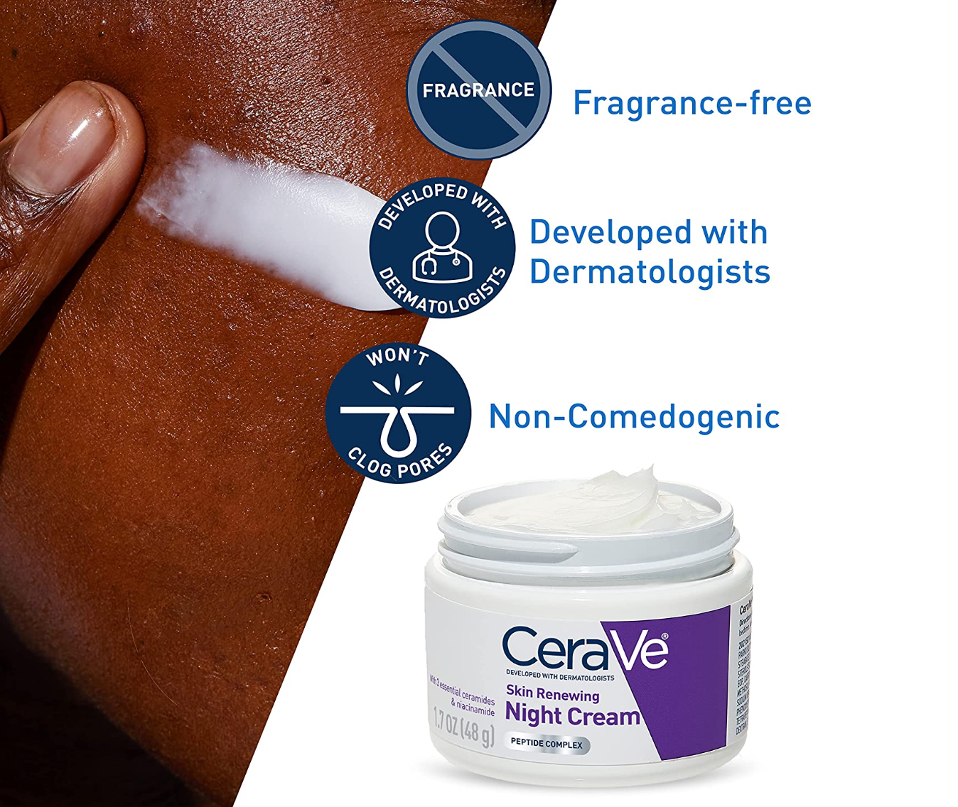 CeraVe Skin Renewing Night Cream | Niacinamide, Peptide Complex, and Hyaluronic Acid Moisturizer for Face | 1.7 Ounce, Packaging may Vary