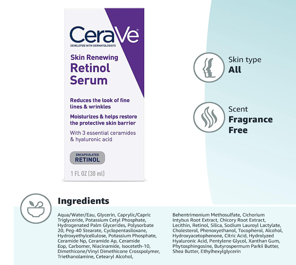 CeraVe Anti Aging Retinol Serum | Cream Serum for Smoothing Fine Lines and Skin Brightening | With Retinol, Hyaluronic Acid, Niacinamide, and Ceramides | 1 Ounce