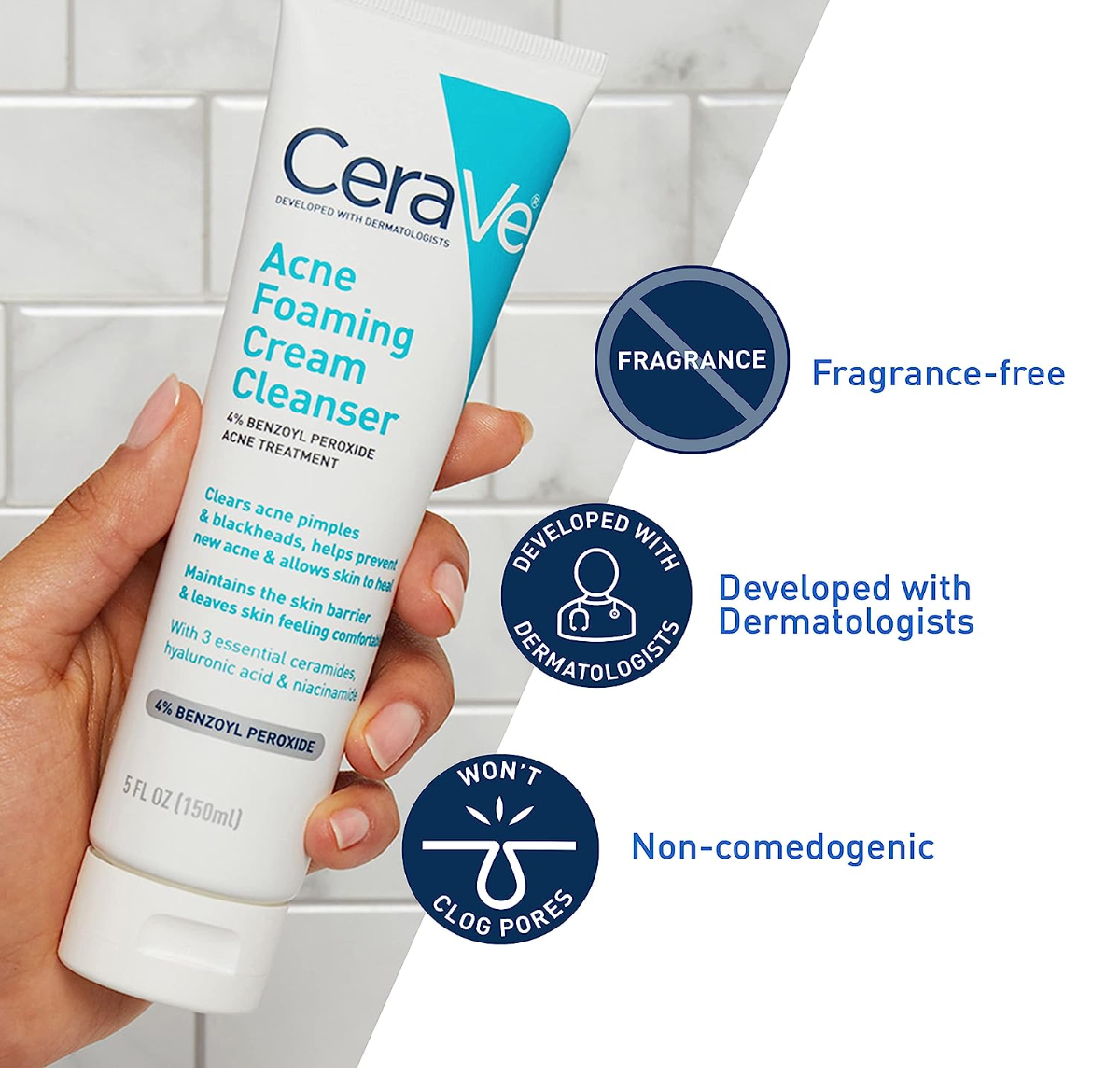 CeraVe Acne Foaming Cream Cleanser | Acne Treatment Face Wash with 4% Benzoyl Peroxide, Hyaluronic Acid, and Niacinamide | Cream to Foam Formula | Fragrance Free & Non Comedogenic | 5 Oz