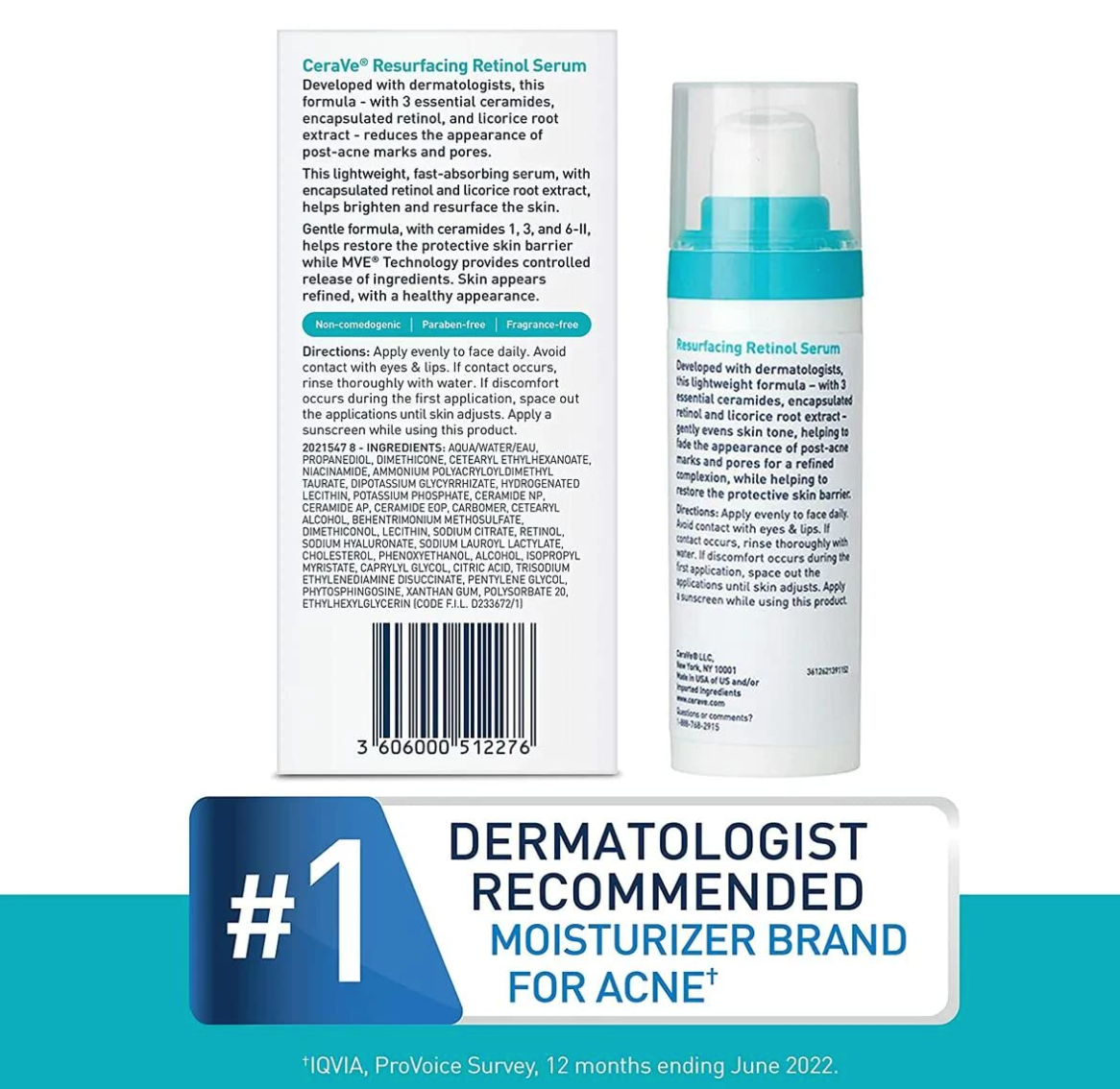 CeraVe Retinol Serum for Post-Acne Marks and Skin Texture | Pore Refining, Resurfacing, Brightening Facial Serum with Retinol and Niacinamide | Fragrance Free, Paraben Free & Non-Comedogenic| 1 Oz