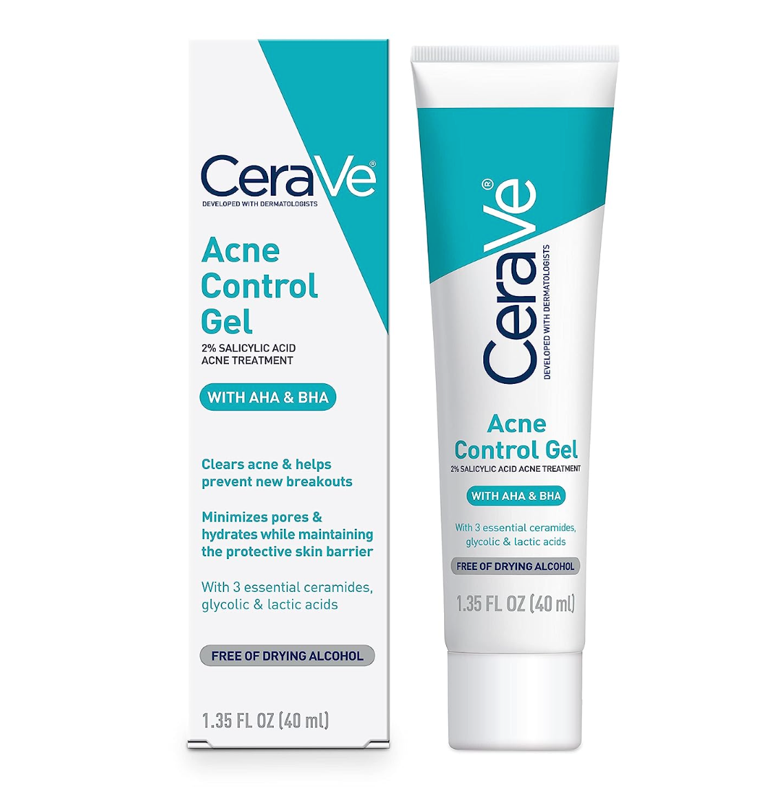 CeraVe Salicylic Acid Acne Treatment with Glycolic Acid and Lactic Acid | AHA/BHA Acne Gel for Face to Control and Clear Breakouts | Fragrance Free, Paraben Free, Oil Free & Non-Comedogenic|1.35 Ounce