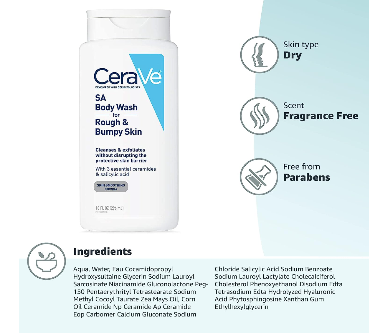 CeraVe Body Wash with Salicylic Acid | Fragrance Free Body Wash to Exfoliate Rough and Bumpy Skin | Allergy Tested | 10 Ounce