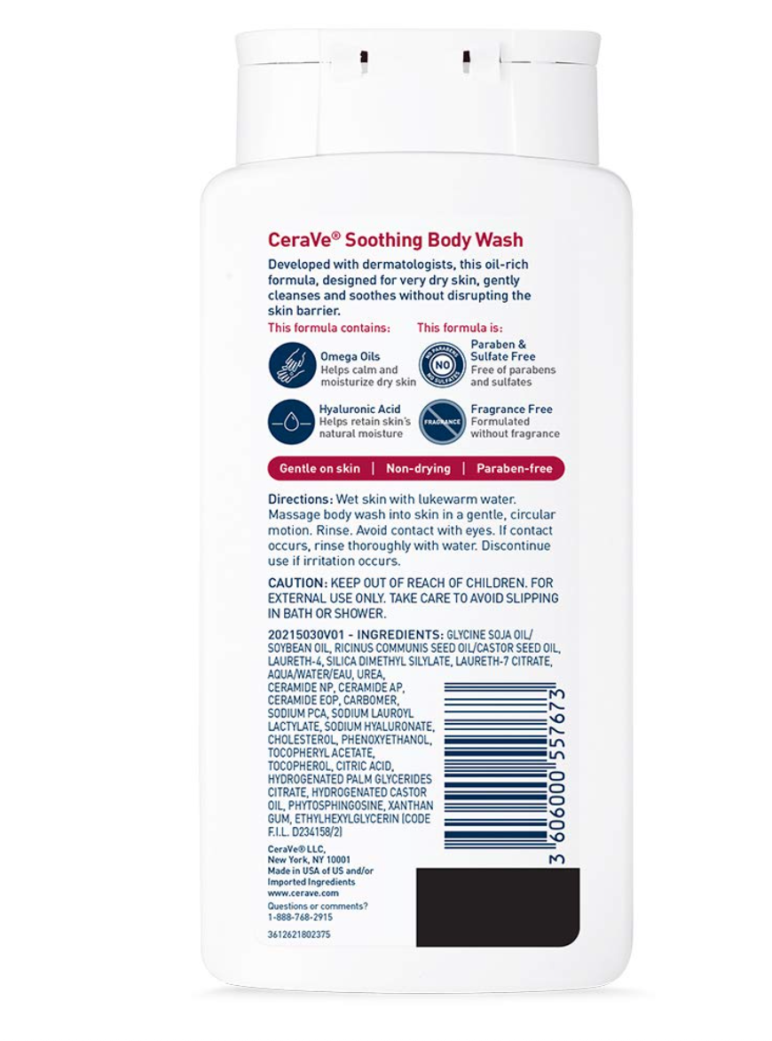 CeraVe Soothing Body Wash for Dry Skin | Shower Oil for Sensitive, Dry, Itchy, and Eczema-Prone Skin | Fragrance Free & Paraben Free & Sulfate Free | 10 oz