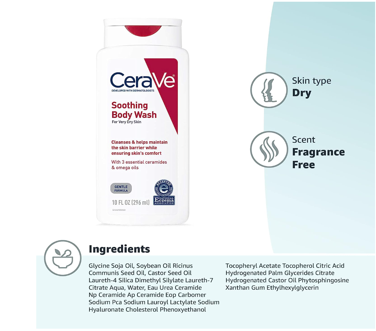 CeraVe Soothing Body Wash for Dry Skin | Shower Oil for Sensitive, Dry, Itchy, and Eczema-Prone Skin | Fragrance Free & Paraben Free & Sulfate Free | 10 oz