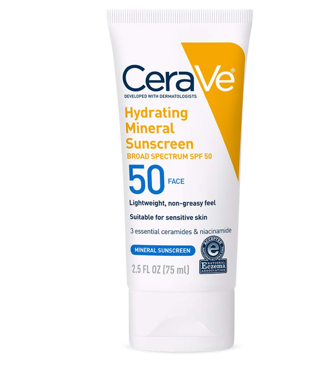 CeraVe Protezione solare minerale 100% SPF 50 | Protezione solare per il viso con ossido di zinco e biossido di titanio per pelli sensibili | Con acido ialuronico, niacinamide e ceramidi | 2,5 once