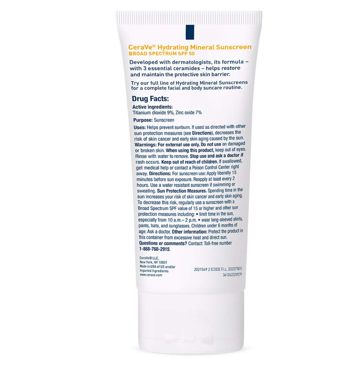 CeraVe Protezione solare minerale 100% SPF 50 | Protezione solare per il viso con ossido di zinco e biossido di titanio per pelli sensibili | Con acido ialuronico, niacinamide e ceramidi | 2,5 once