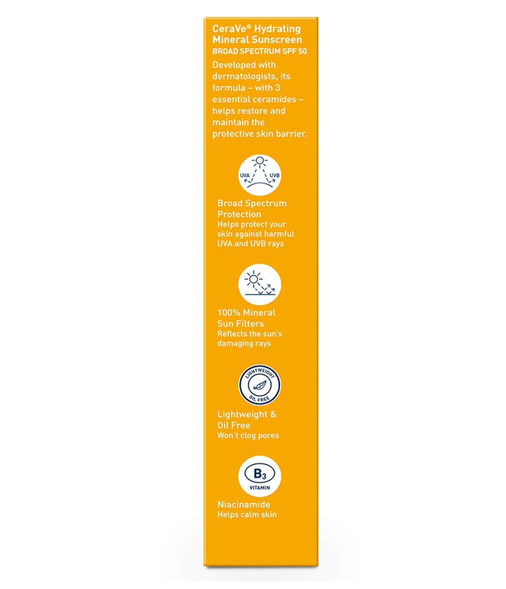 CeraVe Protezione solare minerale 100% SPF 50 | Protezione solare per il viso con ossido di zinco e biossido di titanio per pelli sensibili | Con acido ialuronico, niacinamide e ceramidi | 2,5 once