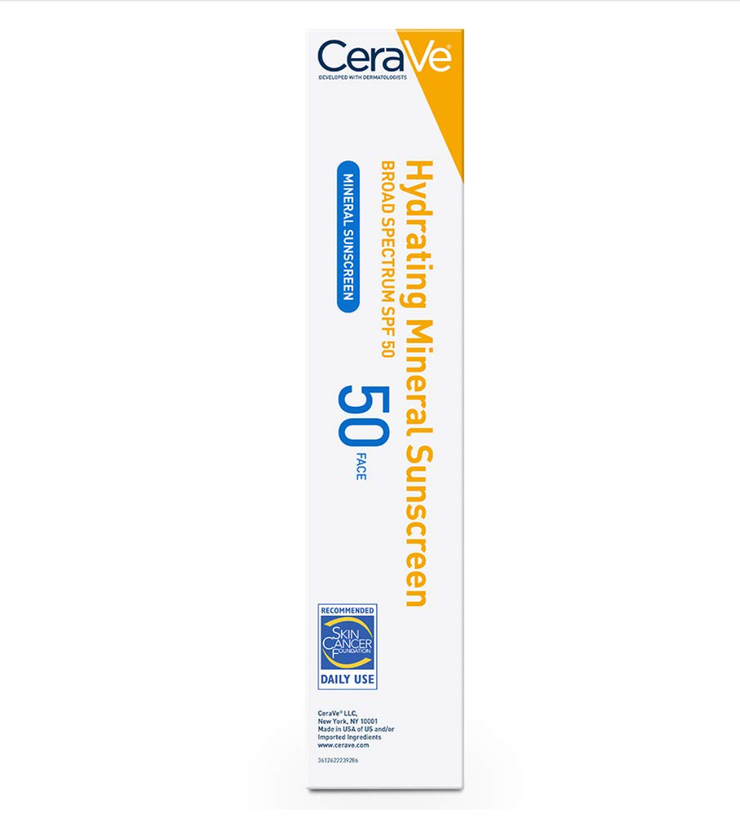 CeraVe Protezione solare minerale 100% SPF 50 | Protezione solare per il viso con ossido di zinco e biossido di titanio per pelli sensibili | Con acido ialuronico, niacinamide e ceramidi | 2,5 once