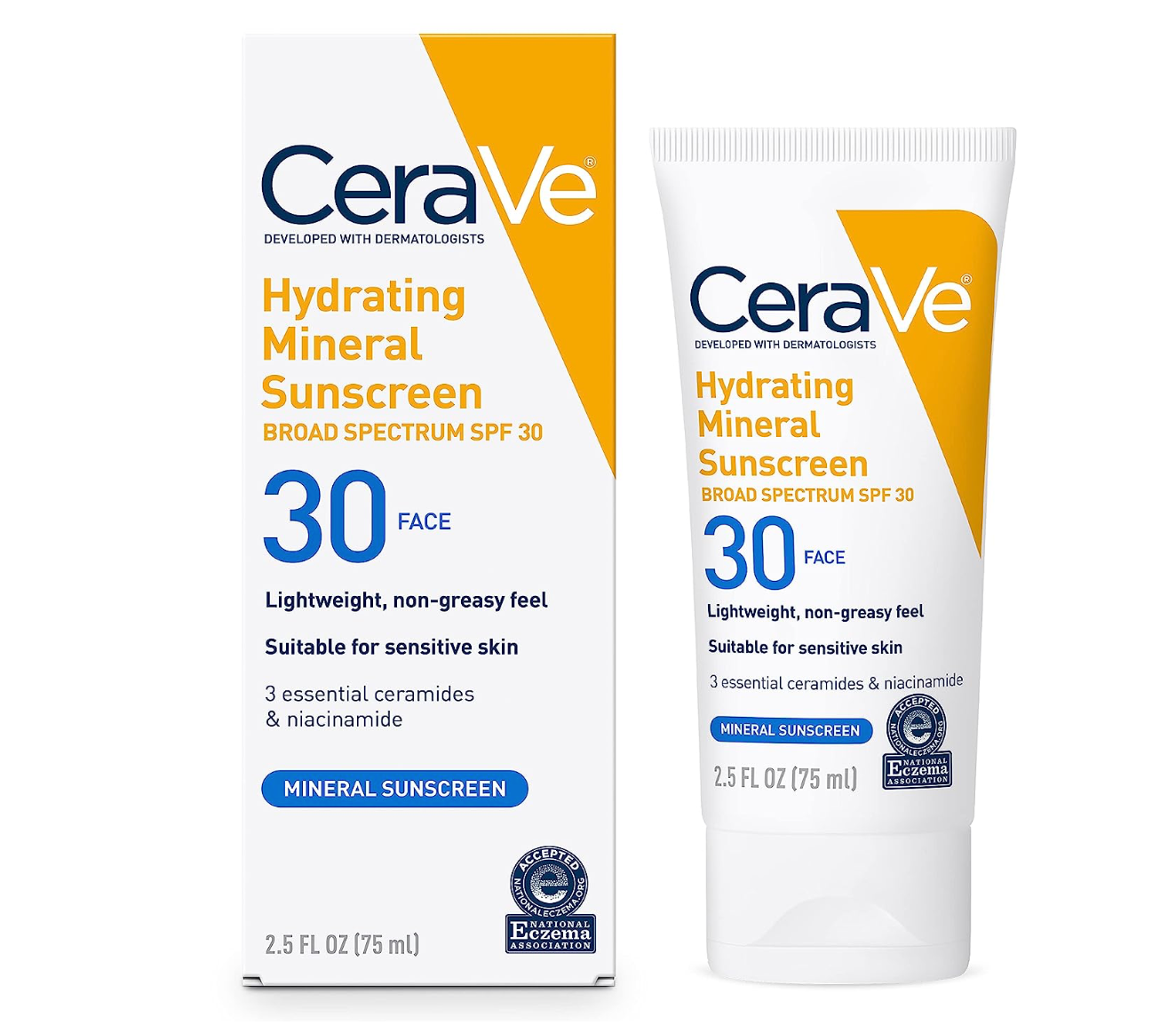 CeraVe 100% Mineral Sunscreen SPF 30 | Face Sunscreen with Zinc Oxide & Titanium Dioxide for Sensitive Skin | With Hyaluronic Acid, Niacinamide, and Ceramides | 2.5 oz