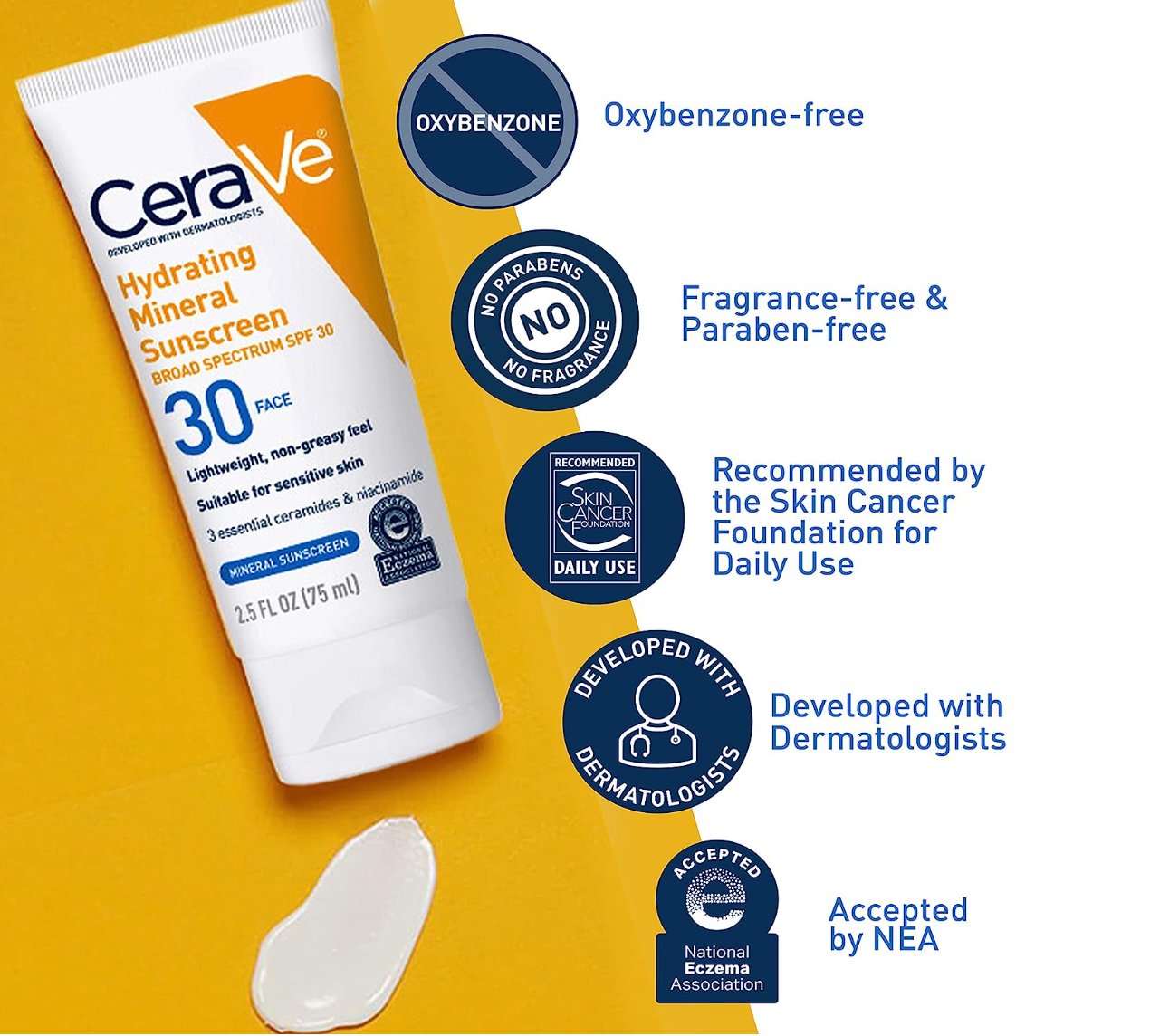 CeraVe 100% Mineral Sunscreen SPF 30 | Face Sunscreen with Zinc Oxide & Titanium Dioxide for Sensitive Skin | With Hyaluronic Acid, Niacinamide, and Ceramides | 2.5 oz