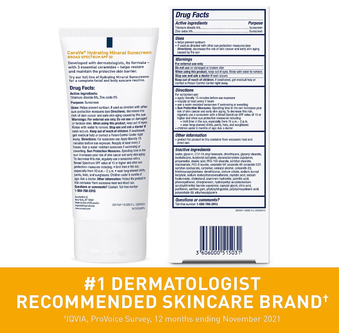 CeraVe 100% Mineral Sunscreen SPF 30 | Face Sunscreen with Zinc Oxide & Titanium Dioxide for Sensitive Skin | With Hyaluronic Acid, Niacinamide, and Ceramides | 2.5 oz