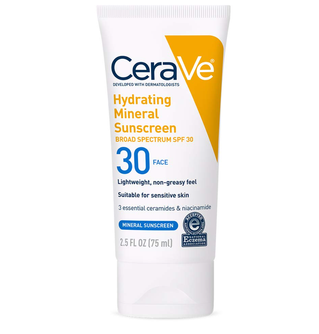 CeraVe 100% Mineral Sunscreen SPF 30 | Face Sunscreen with Zinc Oxide & Titanium Dioxide for Sensitive Skin | With Hyaluronic Acid, Niacinamide, and Ceramides | 2.5 oz
